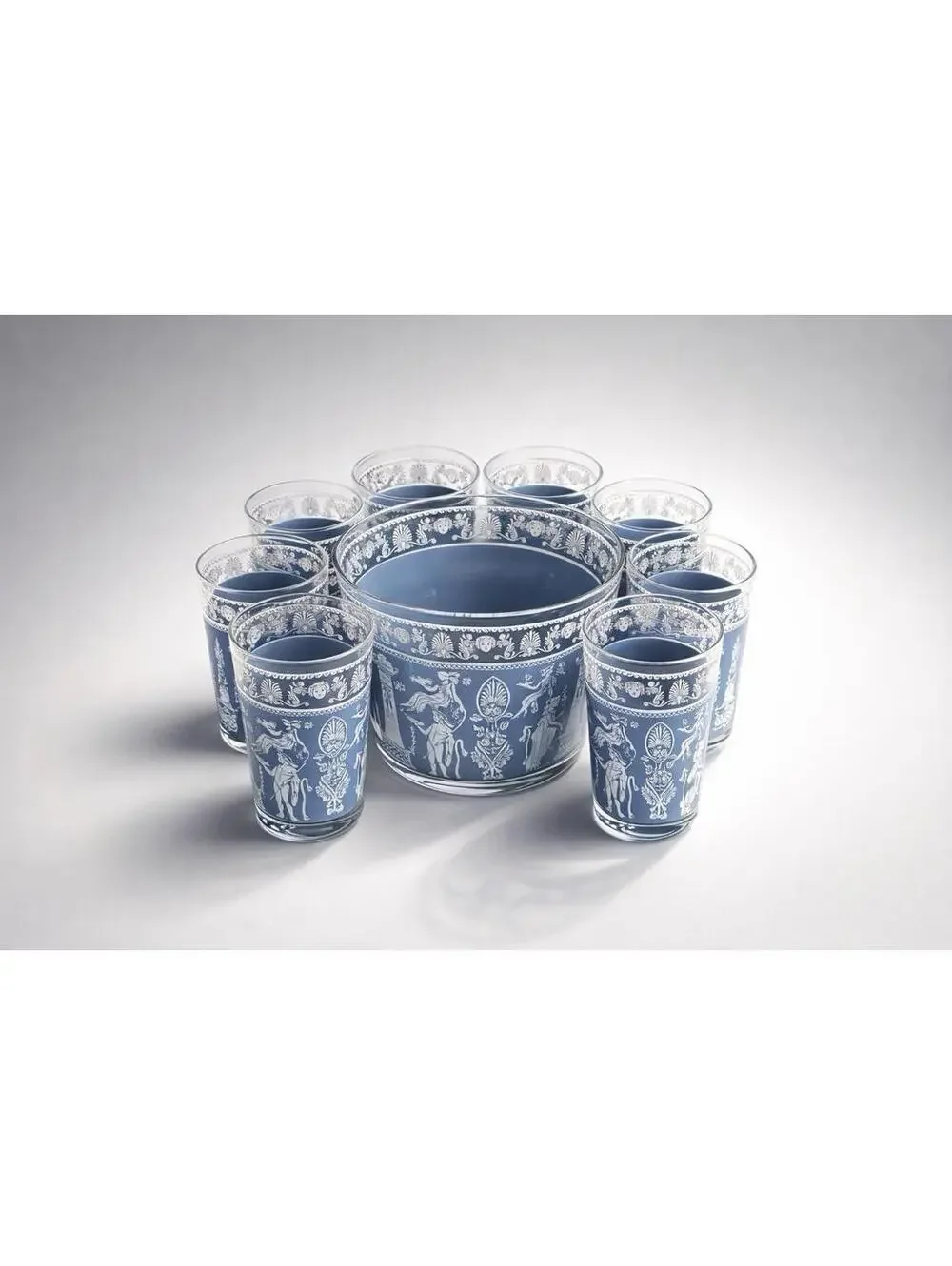 Vintage Blue and White Greek Mythology Glass Drinkware Set with Ice Bucket